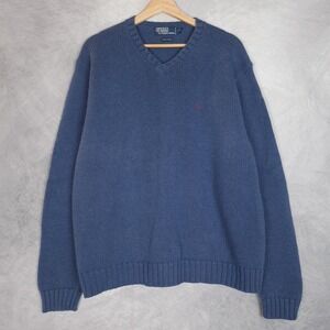 Polo Ralph Lauren Sweater Mens 2XL Blue V Neck Cotton Chunky Knit Pullover